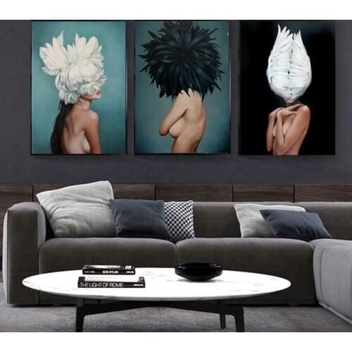 Nude Women Canvas Painting Flower Feather Art Posters Prints Wall Pictures For Modern Home Living room Decor