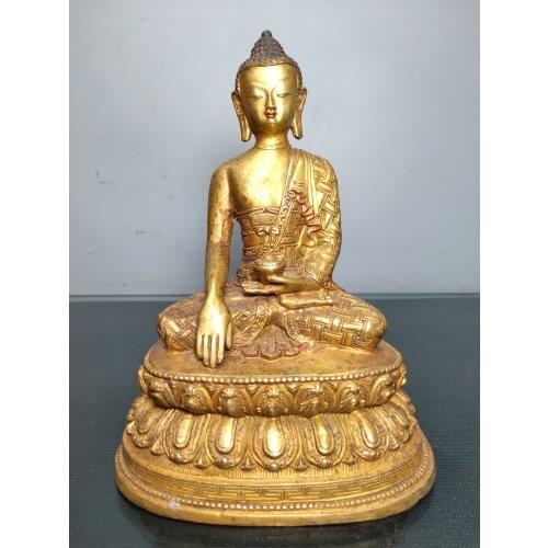 8"Chinese Folk Collection Old Bronze Gilt Shakyamuni Buddha Lotus Terrace Sitting Buddha Ornaments Town House Exorcism