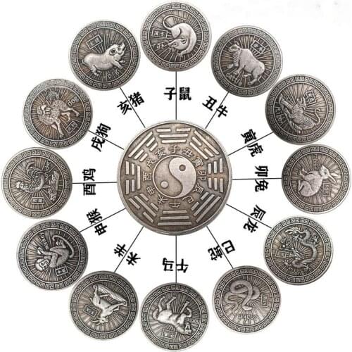 Chinese Zodiac Silver Coin Copper Silver Plated Bagua Figure Commemorative Collectible Coin Lucky Coin Gift Feng Shui