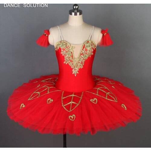Red Spandex Bodice Gold Applique Professional Ballet Tutu Pnacake Tutu for Adult & Child Ballerina Solo Spanish Costumes BLL042