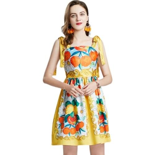 LUKAXSIKAX 2021 New Arrival Summer Women Dress High Quality Cherry Retro Pattern Print Spaghetti Strap Mini Dress