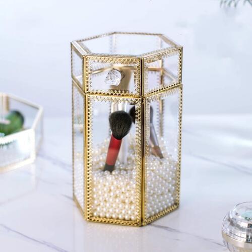 Metal Retro Glass Transparent Storage Box Dust Cover Cover Dressing Table Jewelry Cosmetics Brush Barrel Jewelry Box Gift