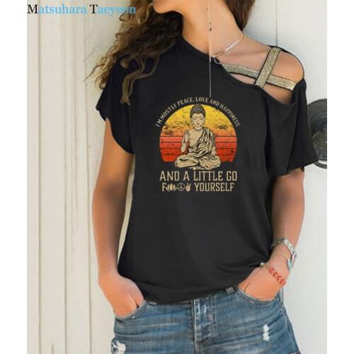 I'm Mostly Peace Love T-shirt Happiness Buddha Namaste TShirt Zen Master Tee Casual Irregular Skew Cross Bandage T Shirt Fashion