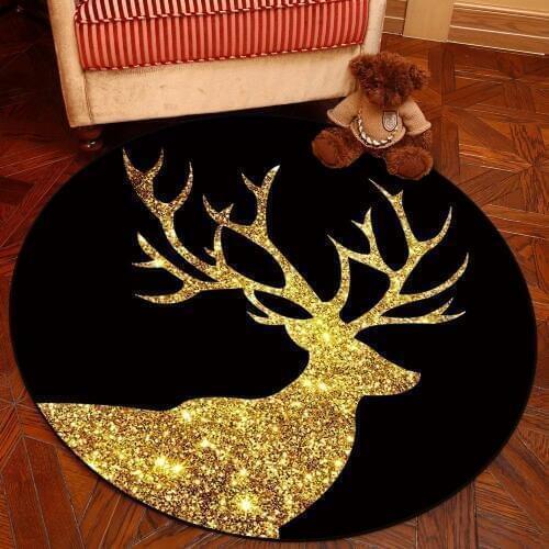Merry Christmas Floor Area Rug Decor Bedside Chair Mat Kids Play Carpets Gold Deer Geometric Round Carpet for Living Room