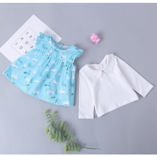 2020 New hot-selling set Autumn/Winter Festival blue swan print dress two-piece set fashion girl skirt set