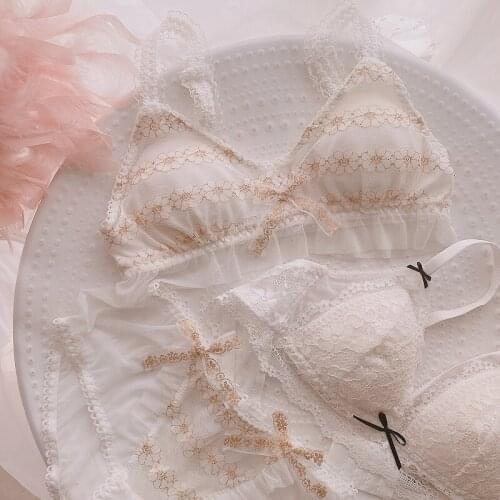 2021 New Bra Set Japanese Sweet Girl with Bowknot Sleep Bra wirefree Shell girl bra Embroidery Underwear Femme Sleeping Bra Set