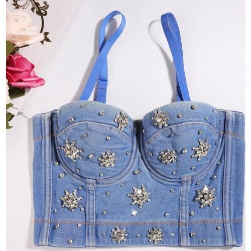 2021 New Denim Camisole Female Diamond Beading Luxury Bustier Bras Underwear Korean Style Fish Bone Shaping Cropped Tops Y1041