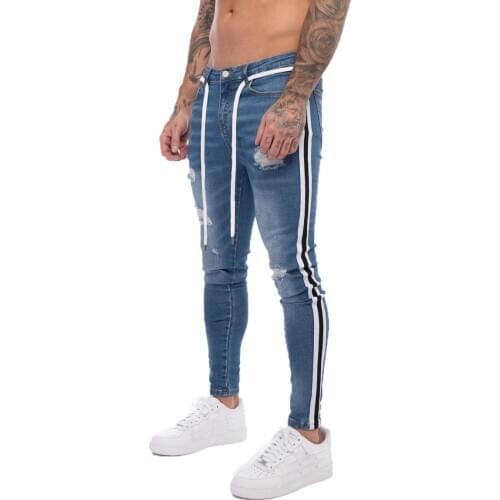 New Mens Skinny Ripped Jeans Destroyed Fashion Comfy Stretch Stripe Trim Pants Autumn Trousers