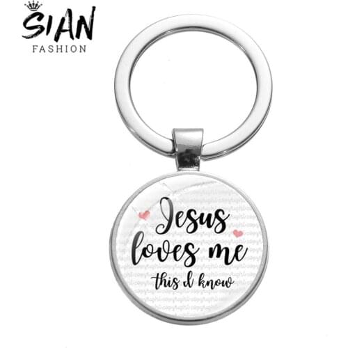 SIAN New Listing Jesus Loves Me Simple Words Keychain Glass Crystal Pendant Key Chain Holder for Men Women Christian Best Gifts
