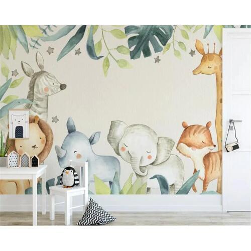 Beibehang Custom wallpaper modern cartoon animal tropical giraffe watercolor plant Childrens room background wall 3d wallpaper