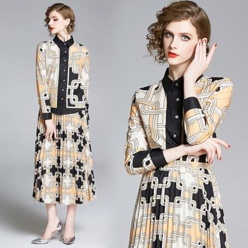 England Style Office Slim Button Up Shirt and Elastic Waist Pleated Skirt 2 Piece Dress Spring/Autumn Design Print Party Dresses