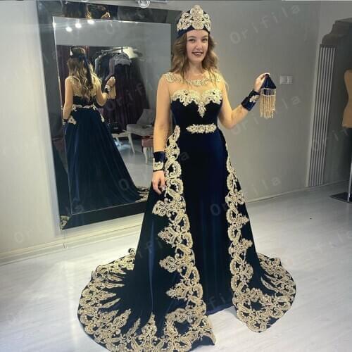2021 Traditional Kosovo Albanian Caftan Black Evening Dresses Long Sleeves Gold Applique Prom Dress Vestido De Novia