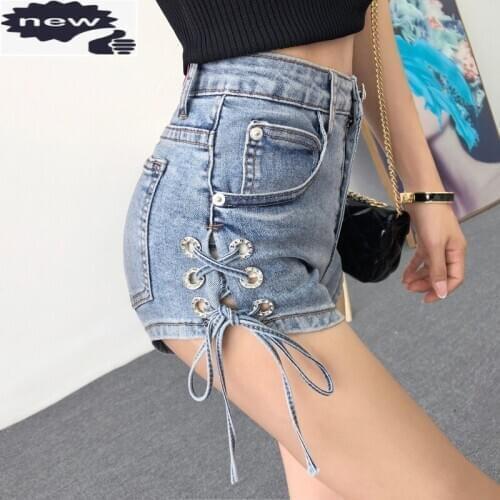 Hot Sexy Summer Women Mini Denim Shorts High Waist Lace Up Jeans Crystal Slim Fit Short Trousers Ladies Casual Night Clubwear