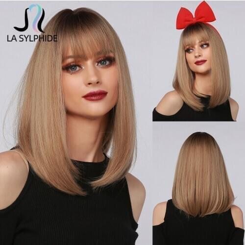 La Sylphide Synthetic Wig Long Straight Root Dark Brown Ombre Brown Bob Inner Buckle with Bangs for Woman Wigs Daily Use Party