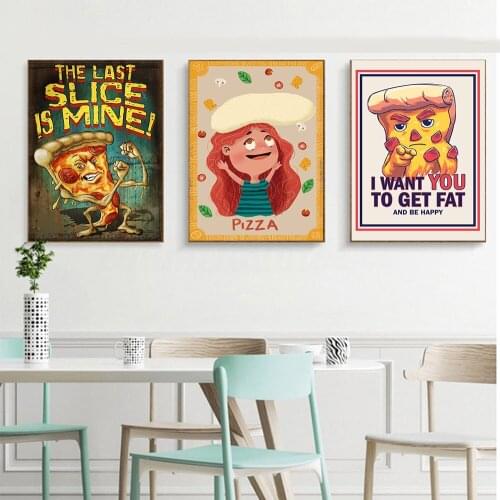 Nordic Cartoon Food Posters and Prints Funny Pizza Party Canvas Painting Retro Wall Pictures for Living Room Home Decor No Frame
