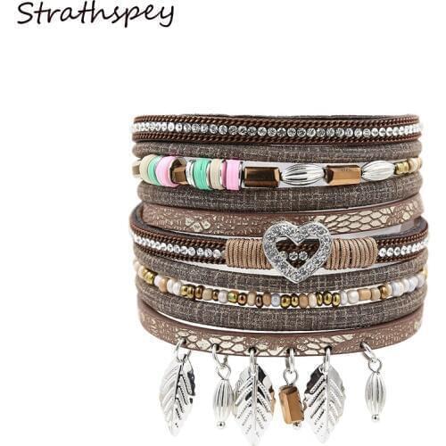 STRATHSPEY Fashion Women Accessory Five Layers Metal Leaf Rhinestone Heart Tassel Magnet Leather Bracelet Beads Handmade Bangle