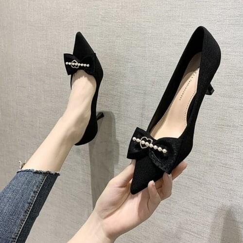 Hot Sale Womens High Heels Spring New Fashion Design High Heel Pumps High Quality Pearl Bow High Heels Women Shoes