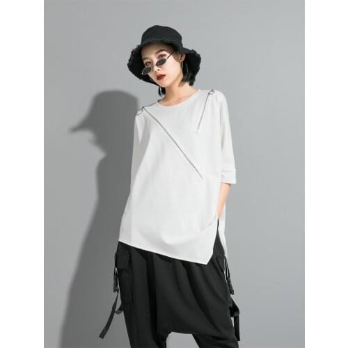 2021 spring and autumn new personalized splicing zipper European large edition T-shirt womens loose and irregular half sleeve t