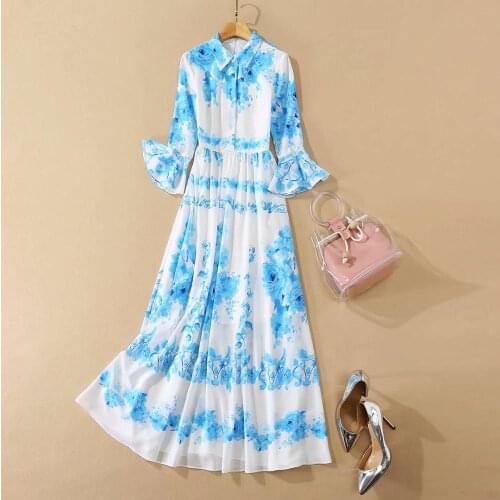 Womens European and American clothing 2021 autumn new style Seven-minute flared sleeve lapel Fashionable blue print dress