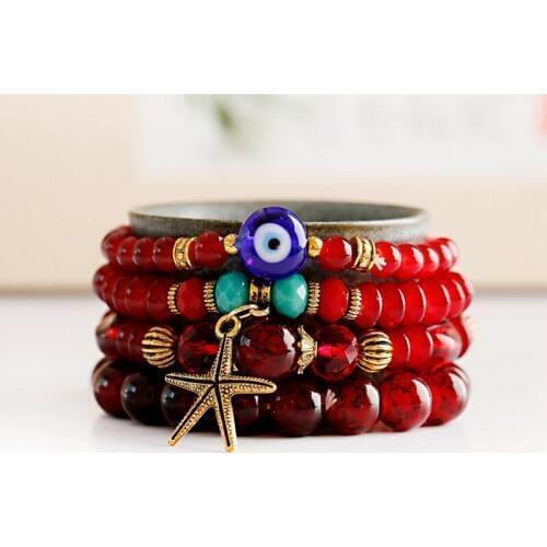 Bohemian Starfish Charm Multi Layered Bracelets Set For Women Summer Vintage Stone Beads Bracelets Jewelry Pulseira Gift