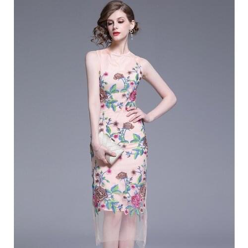 Womens spring summer sleeveless flower embroidery slim dress female runway fashion high waist mesh dress TB911