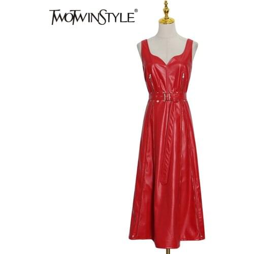 TWOTWINSTYLE Pu Leather Red Midi Dress For Women V Neck Sleeveless High Waist Long Dresses Female Summer New Clothing 2021 Style