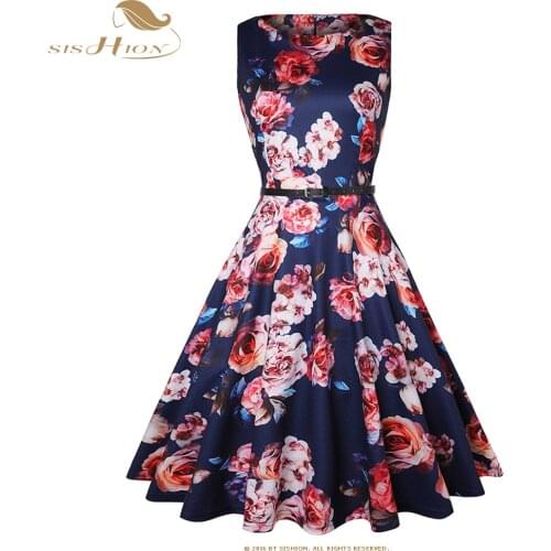 SISHION Floral Print Sleeveless Sexy Summer Dress VD1418 50s 60s Swing Retro Vintage Dress Black Dresses for Women
