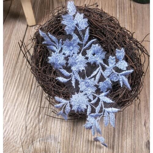 1 Piece High Quality Blue Lace Fabric Embroidered Applique Neckline DIY Flower Dresses Applique Trim Fabric Sewing Supplies