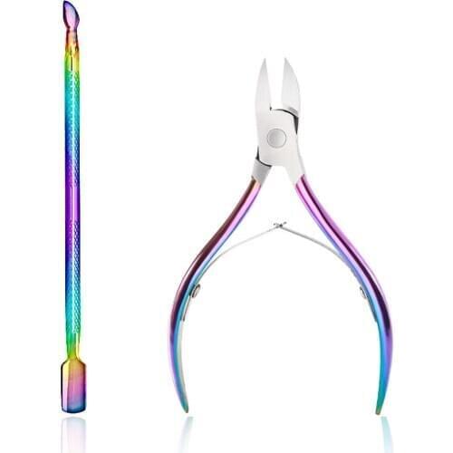 2Pcs/Set Colorful Nail Cuticle Nipper Dead Skin Scissors Dead Skin Pusher Holographic Titanium Nail Art Manicure Tools Kit