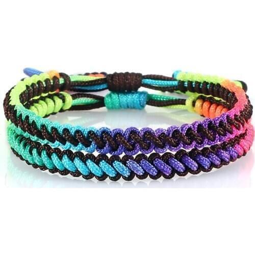 2pcs/set Rainbow Rope Handmade Braided Bracelet Charm Lucky Meditation Buddhist Braeclets Adjustable Size Bangles Lover Jewelry
