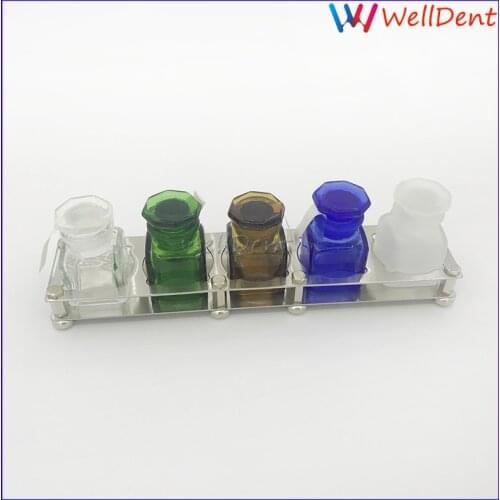 5pcs Dental Medicine Glass Bottles with Stainless Steel Bottles Placer Holder Dentist