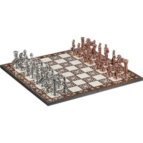 Large Size Metal Pegasus Horses Chess Set Antique and Foldable MDF Wooden Chessboard with Mother-of-Pearl Pattern (43x43 cm.)