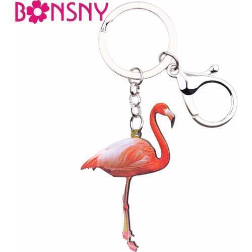 Bonsny Acrylic Pattern Flamingo Key Chain Keychains Rings Fashion Animal Jewelry For Women Girls Gift Handbag Car Pendant Charms
