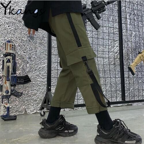 Elastic High Waist Cargo Pants Women Big Pockets Punk Capris Trousers Streetwear Hip Hop Gothic Joggers Womens Black Trousers