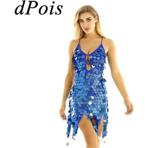 DPOIS Women Shiny Sequins Latin Dance Dress Lady Halter V-Neck Backless Salsa Tango Cha Cha Rumba Samba Ballroom Dancing Costume