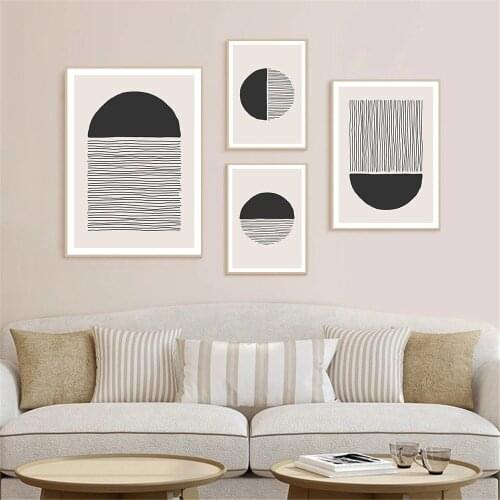 Geometric Line Designs Canvas Print Abstract Sun Wall Painting Beige And Black Wall Art Poster Pictures Living Room Home Decor