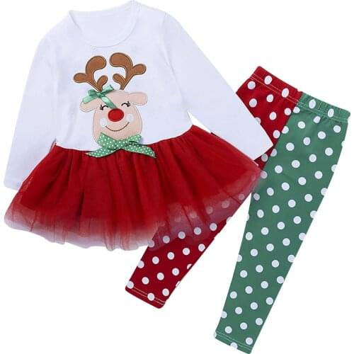2Pcs Kids Girls Christmas Costume Long Sleeves Elk Mesh Hem Tops with Polka Dots Printed Pants Set Outfit Children Casual Wear