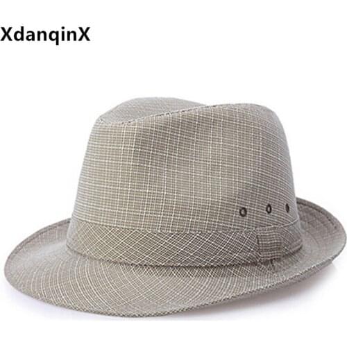 XdanqinX New Summer Mens Panama Fedoras Hat Linen Breathable Jazz Hats British Style Simple Casual Sun Protection Dads Hat