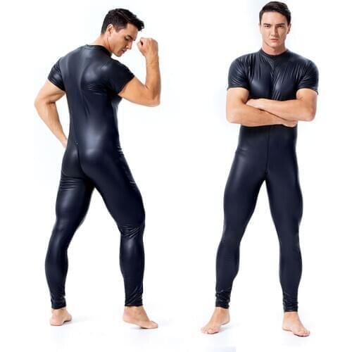 Men Short Sleeve Wetlook Jumpsuit Faux Leather Catsuit Zentai Gay Fetish Wear Stretchy Front Zipper Open Crotch Full Bodysuit