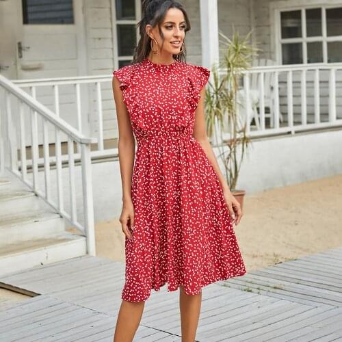 Summer Chiffon Dress Woman Elegant Dot Print Ruffle A-line Sundress Casual Medium Long 2021 Red Party Dresses For Women