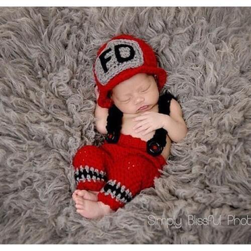Newborn Photography Props Baby Hat with pants set Hand Crochet Knit Cotton Infant Fireman Character Costume 2 colors
