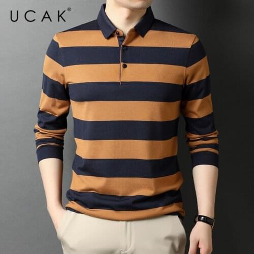 UCAK Brand Classic Long Sleeve Striped T Shirt Homme Spring Autumn New Tops Streetwear Turn-Down Collar Tshirt Men Clothes U5657