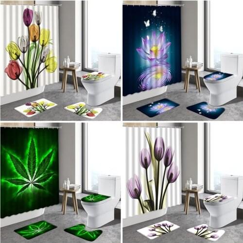 Colorful Tulip Lotus Flowers Shower Curtain Sets Non-Slip Rugs Toilet Lid Cover and Bath Mat Waterproof Bathroom Curtains Carpet
