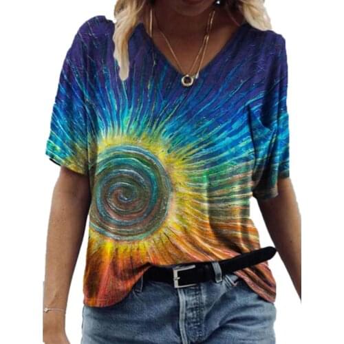 3XL Summer Oversized Tops 2021 Women 3D Paisley Abstract T Shirt Streetwear Casual Short Sleeve V-Neck Pockets Loose Tee Shirt