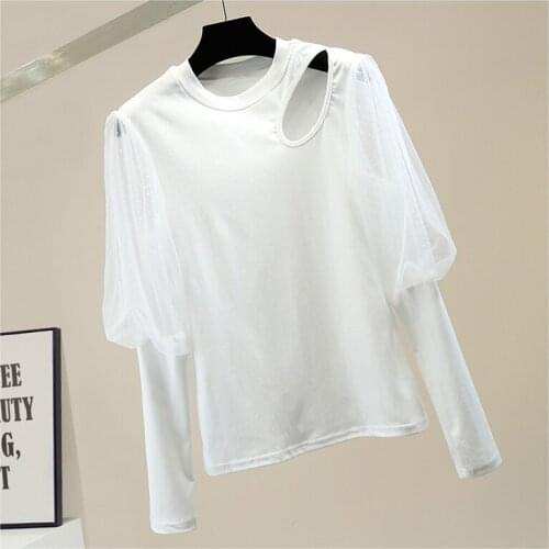 Polka Dot Mesh Stitching Vintage Long Puff Sleeve Hollow-out Slim T-shirt Womens All-Match Top Tees White Black 2021 Spring