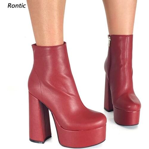 Rontic 2021 Winter Handmade Women Platform Ankle Boots Block Heels Round Toe Gorgeous Fuchsia Red Pink Party Shoes US Size 5-15