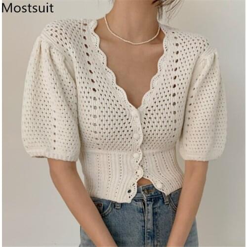 Korean Hollow Knitted Women Cardigan Tops Puff Sleeve V-neck Single-breasted Sweater Fashion Elegant Ladies Jumpers Femme 2021