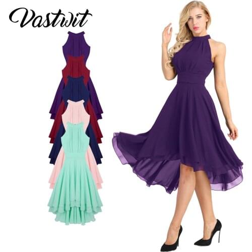 Women Elegant Halter Neck Bridesmaid Dress Sleeveless High Low Chiffon Party Prom Flare Dresses