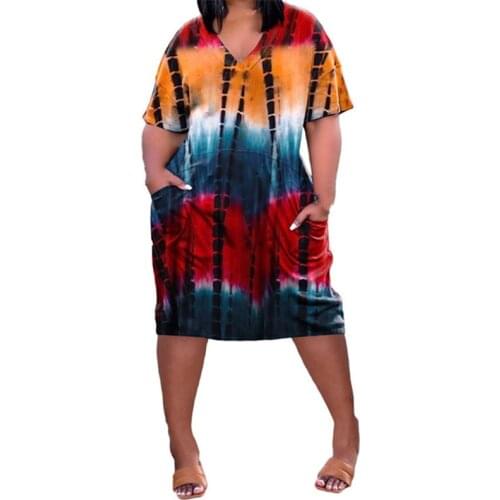 Summer New Style Ladies Loose Large Size Tie-Dye Printing V-Neck Short-Sleeved Fashion Casual Pocket Short-Sleeved Dress