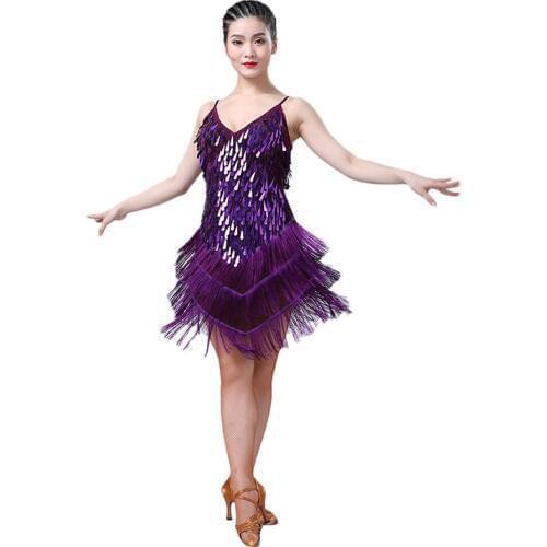 Women Ladies Dance Dress Fashion Personality Drop V-neck Sling Sequined Skirt Fringed Skirt Latin Dance Performance Clothing